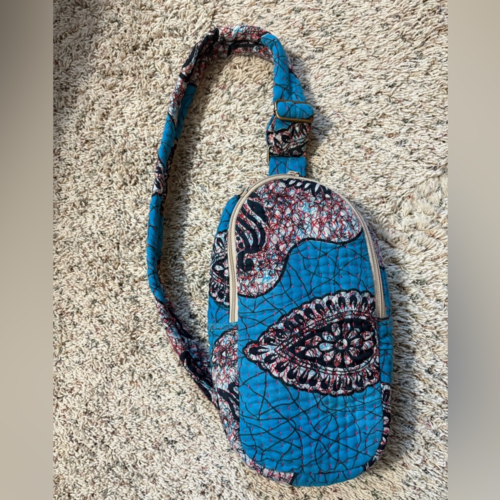 World Finds Quilted Patterned Handmade Blue Sling Bag